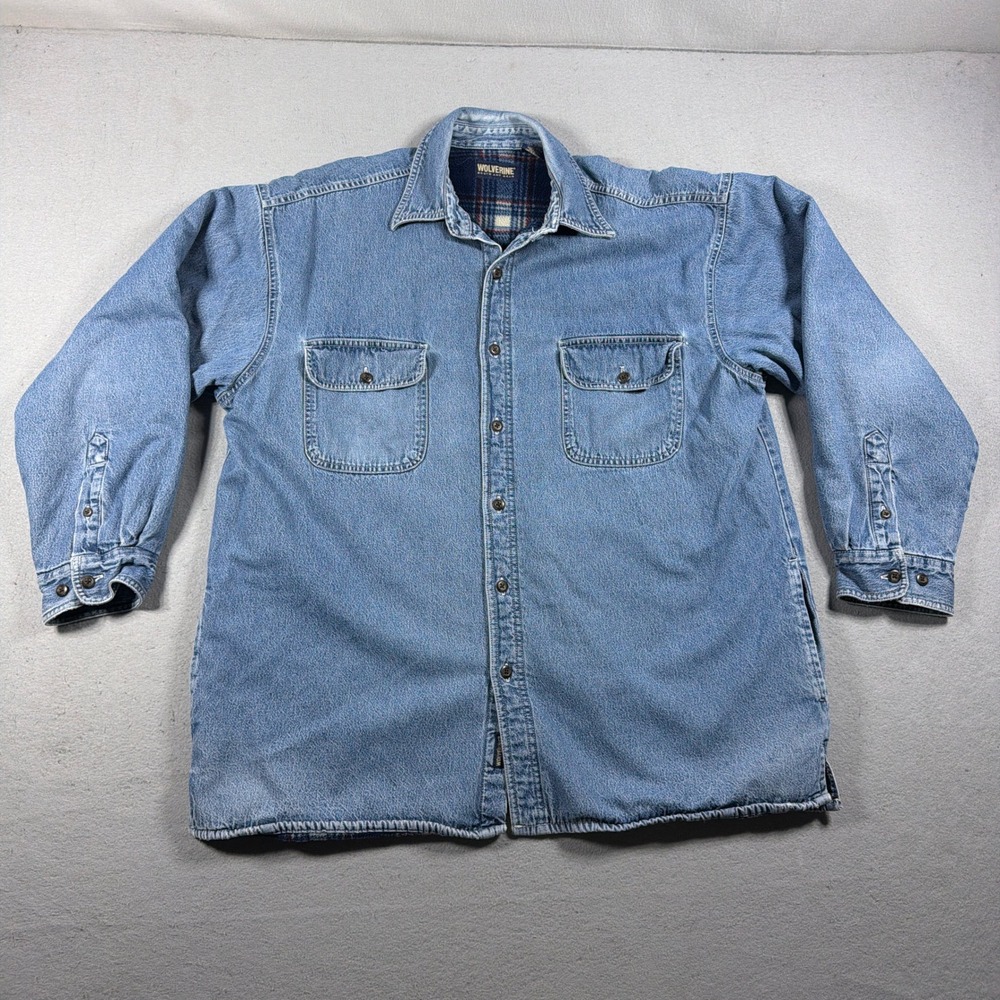 Wolverine Denim Shirt Jacket Men XL Relaxed Fit Blue Lined Heavyweight Workwear